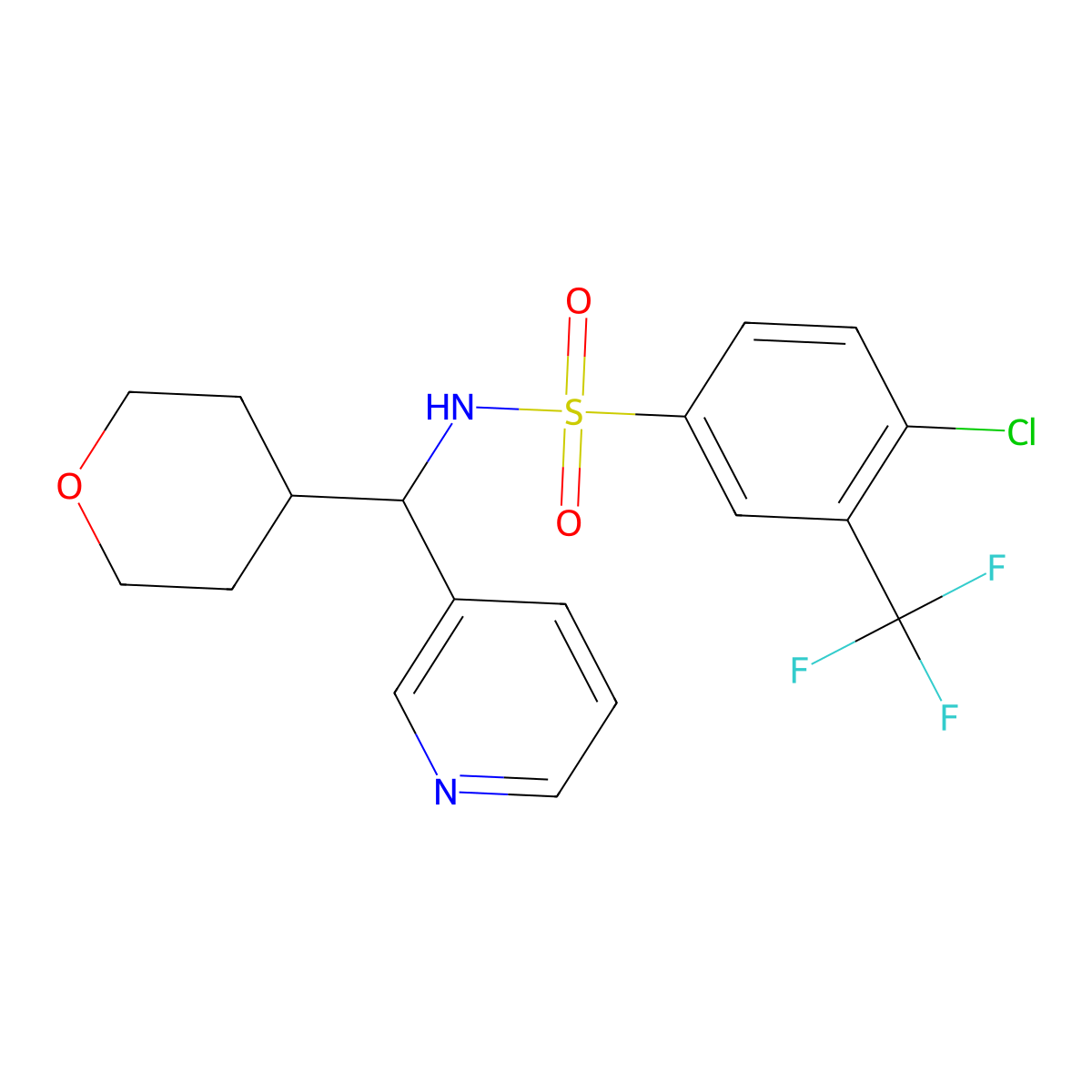 4-chloro-N-(pyridin-3-yl(tetrahydro-2H-pyran-4-yl)methyl)-3-(trifluoromethyl)benzenesulfonamide molecular structure, CAS 2034594-29-9