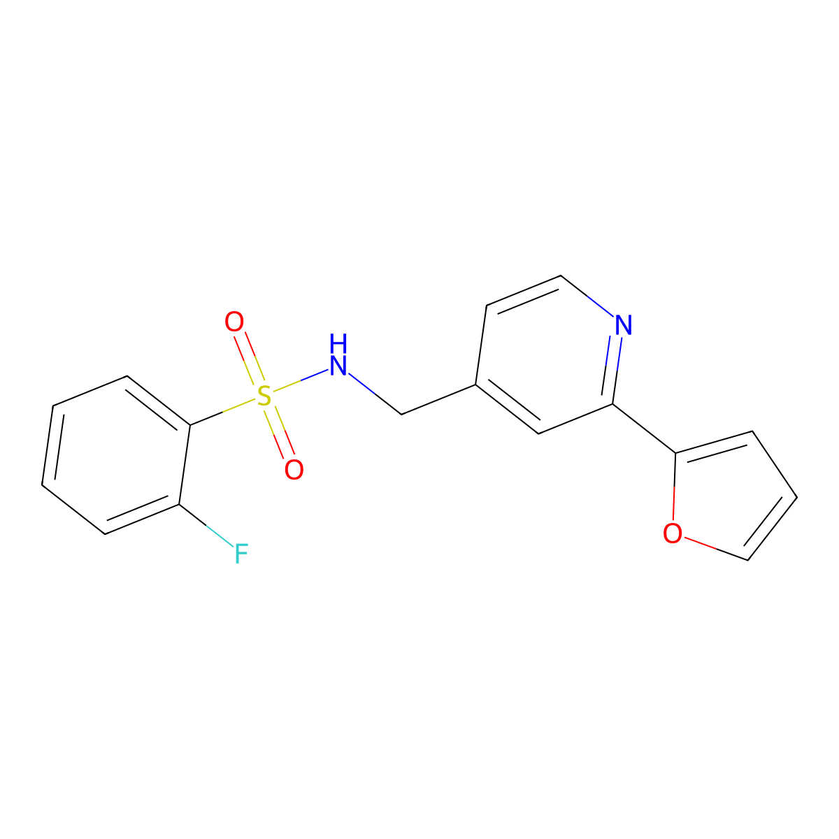 2-fluoro-N-((2-(furan-2-yl)pyridin-4-yl)methyl)benzenesulfonamide molecular structure, CAS 2034594-34-6