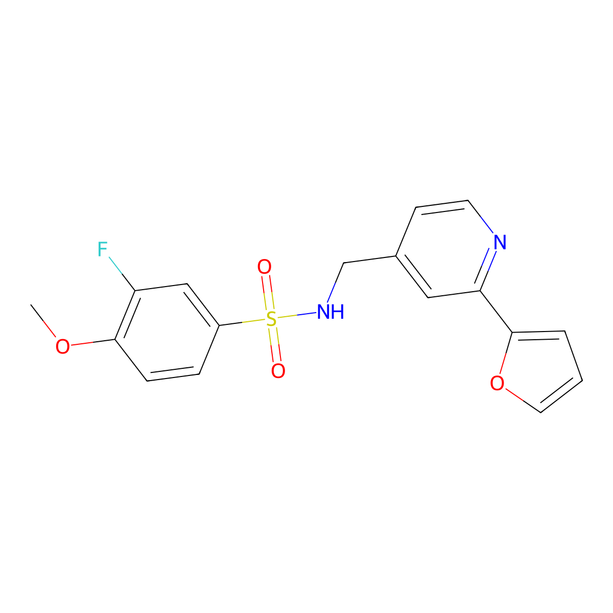3-fluoro-N-((2-(furan-2-yl)pyridin-4-yl)methyl)-4-methoxybenzenesulfonamide molecular structure, CAS 2034594-41-5