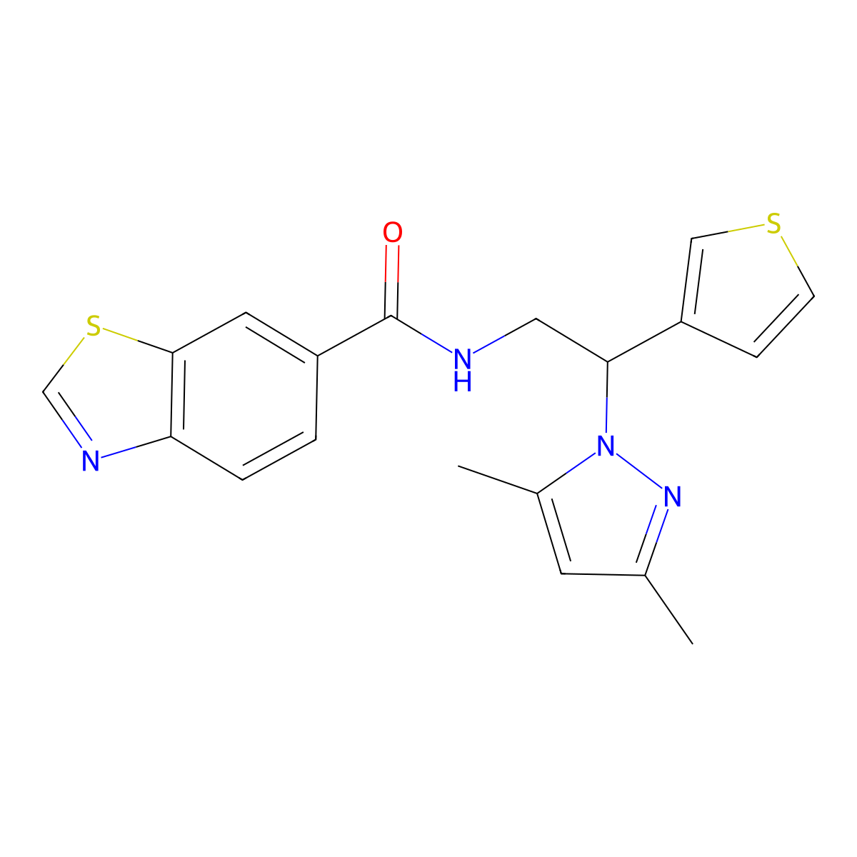 N-(2-(3,5-dimethyl-1H-pyrazol-1-yl)-2-(thiophen-3-yl)ethyl)benzo[d]thiazole-6-carboxamide molecular structure, CAS 2034594-42-6