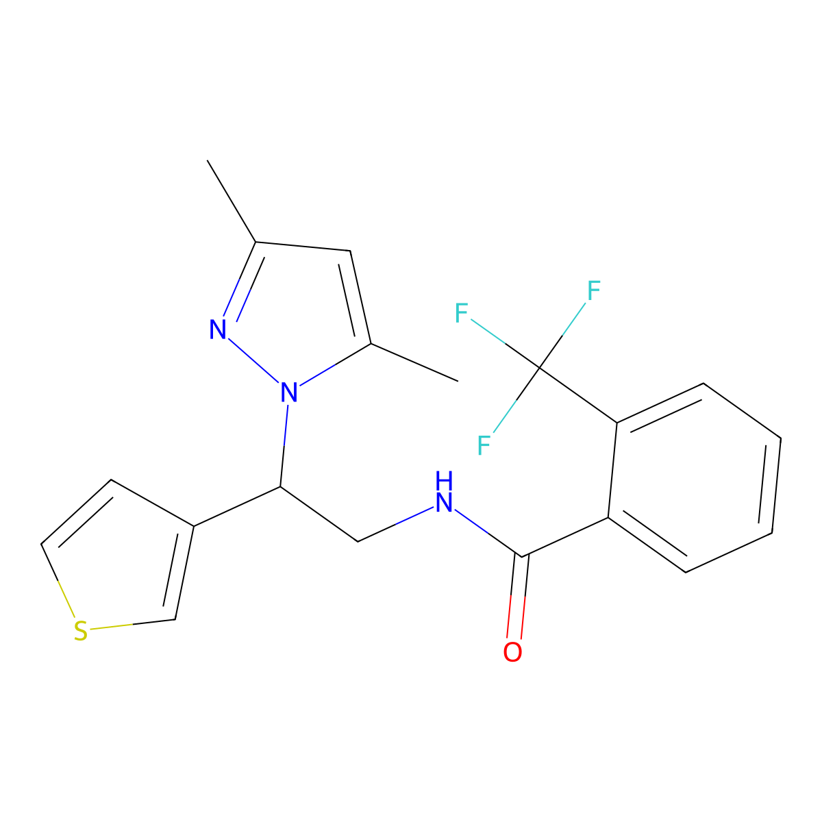 N-(2-(3,5-dimethyl-1H-pyrazol-1-yl)-2-(thiophen-3-yl)ethyl)-2-(trifluoromethyl)benzamide molecular structure, CAS 2034594-46-0