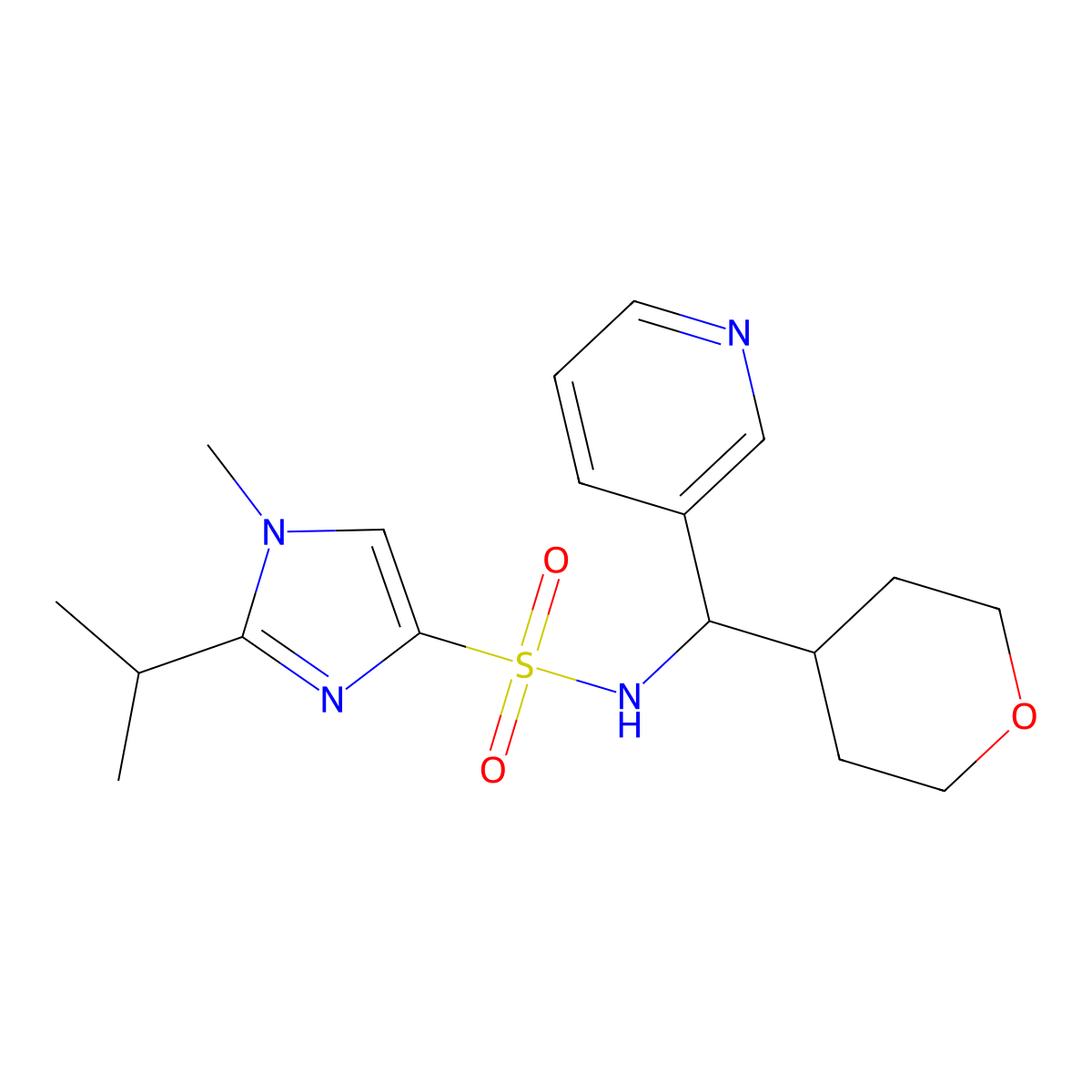 2-isopropyl-1-methyl-N-(pyridin-3-yl(tetrahydro-2H-pyran-4-yl)methyl)-1H-imidazole-4-sulfonamide molecular structure, CAS 2034594-58-4