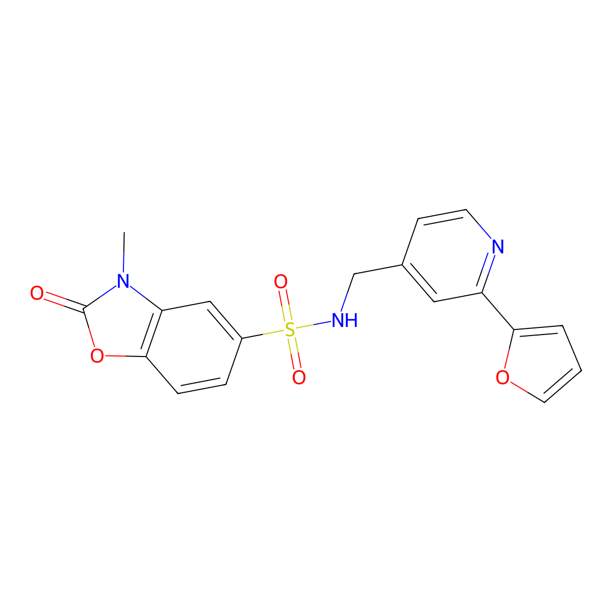 N-((2-(furan-2-yl)pyridin-4-yl)methyl)-3-methyl-2-oxo-2,3-dihydrobenzo[d]oxazole-5-sulfonamide molecular structure, CAS 2034594-61-9