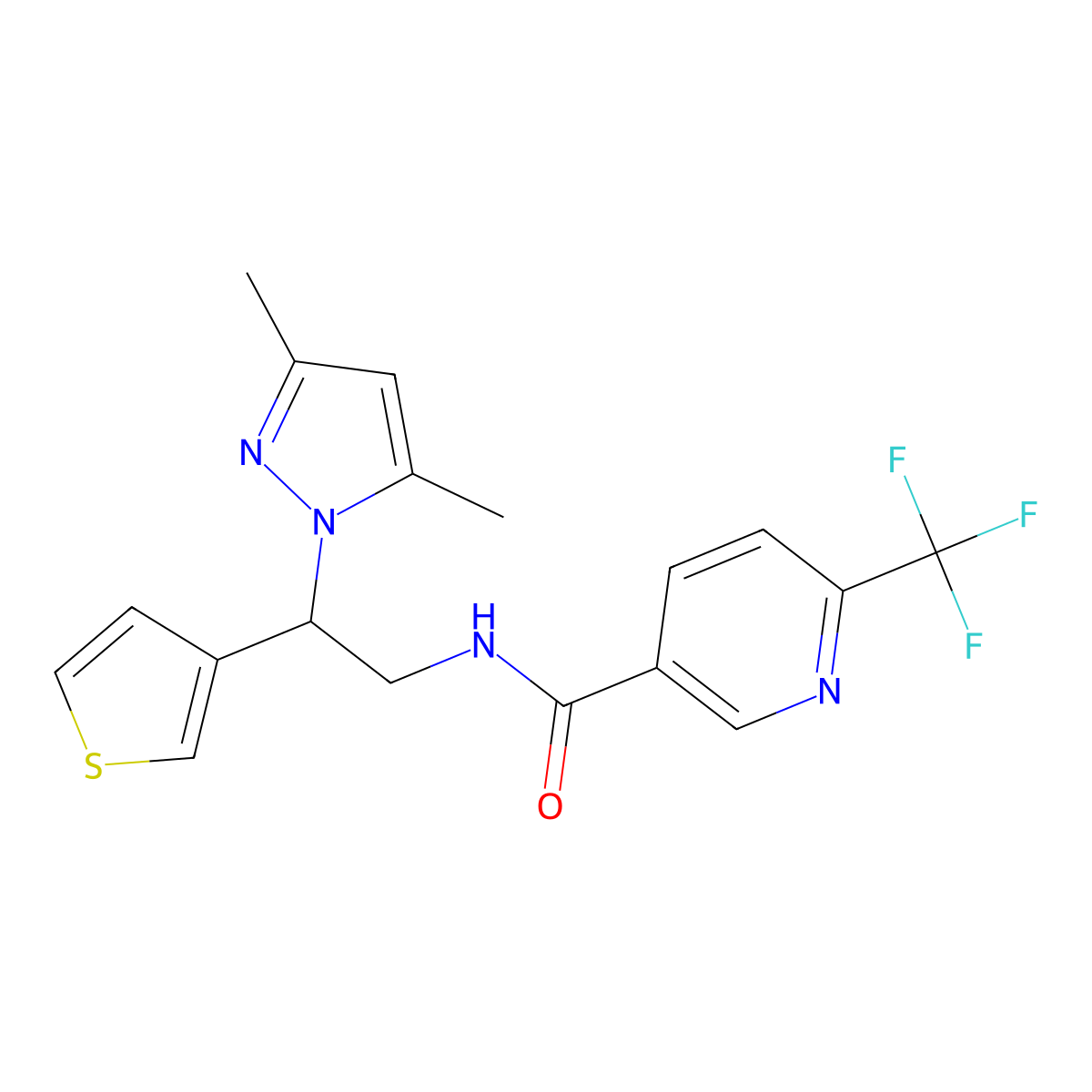 N-(2-(3,5-dimethyl-1H-pyrazol-1-yl)-2-(thiophen-3-yl)ethyl)-6-(trifluoromethyl)nicotinamide molecular structure, CAS 2034594-63-1