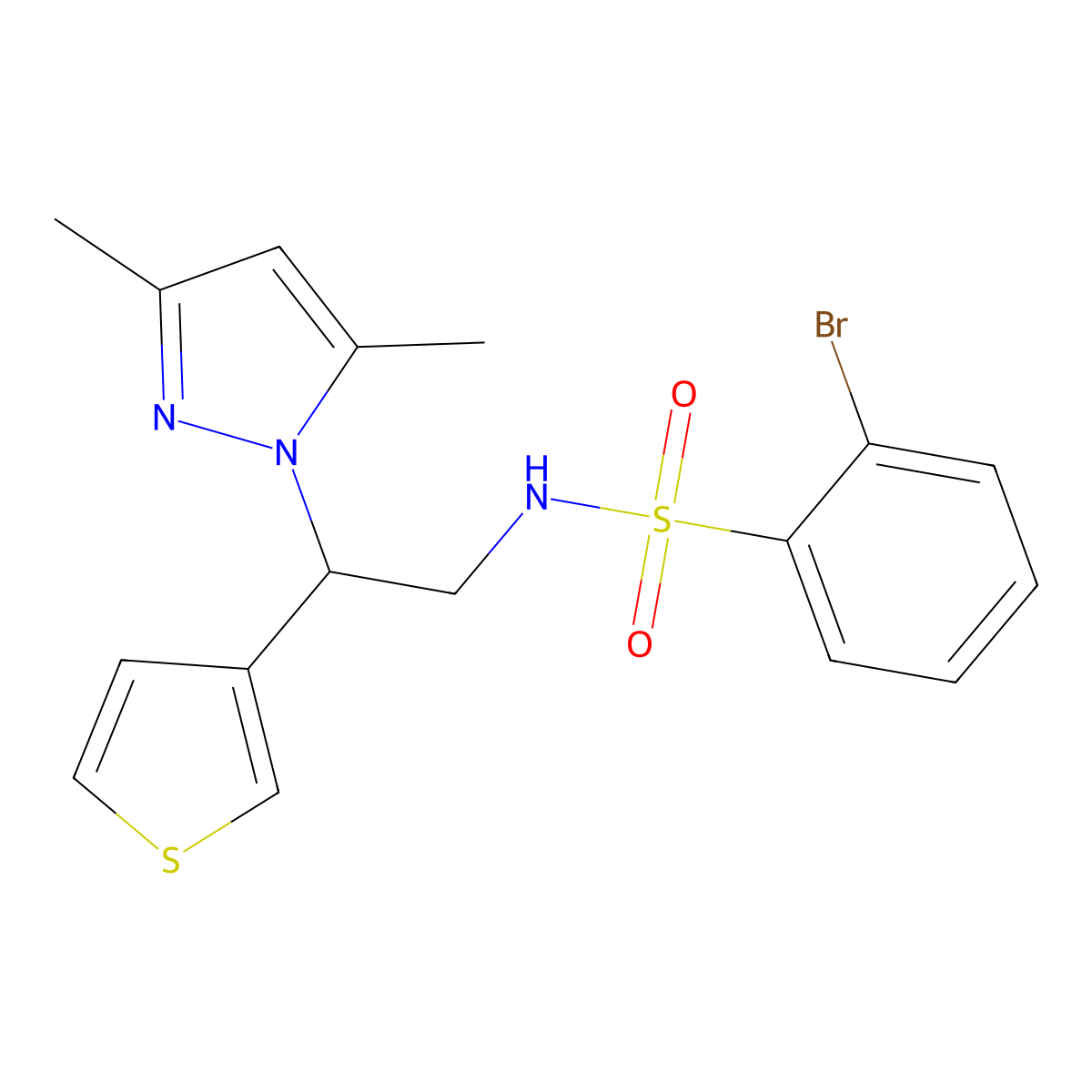 2-bromo-N-(2-(3,5-dimethyl-1H-pyrazol-1-yl)-2-(thiophen-3-yl)ethyl)benzenesulfonamide molecular structure, CAS 2034594-78-8