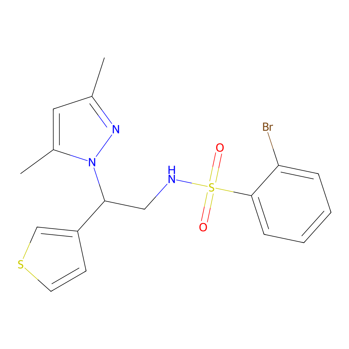 2-bromo-N-(2-(3,5-dimethyl-1H-pyrazol-1-yl)-2-(thiophen-3-yl)ethyl)benzenesulfonamide molecular structure, CAS 2034594-78-8