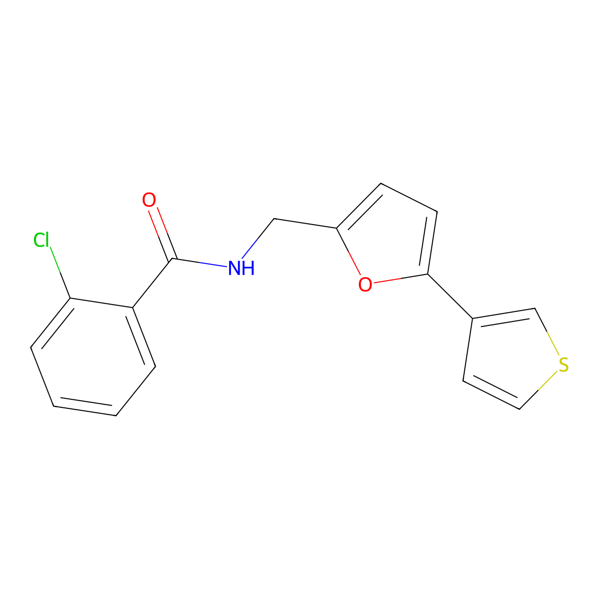 2-chloro-N-{[5-(thiophen-3-yl)furan-2-yl]methyl}benzamide molecular structure, CAS 2034594-79-9