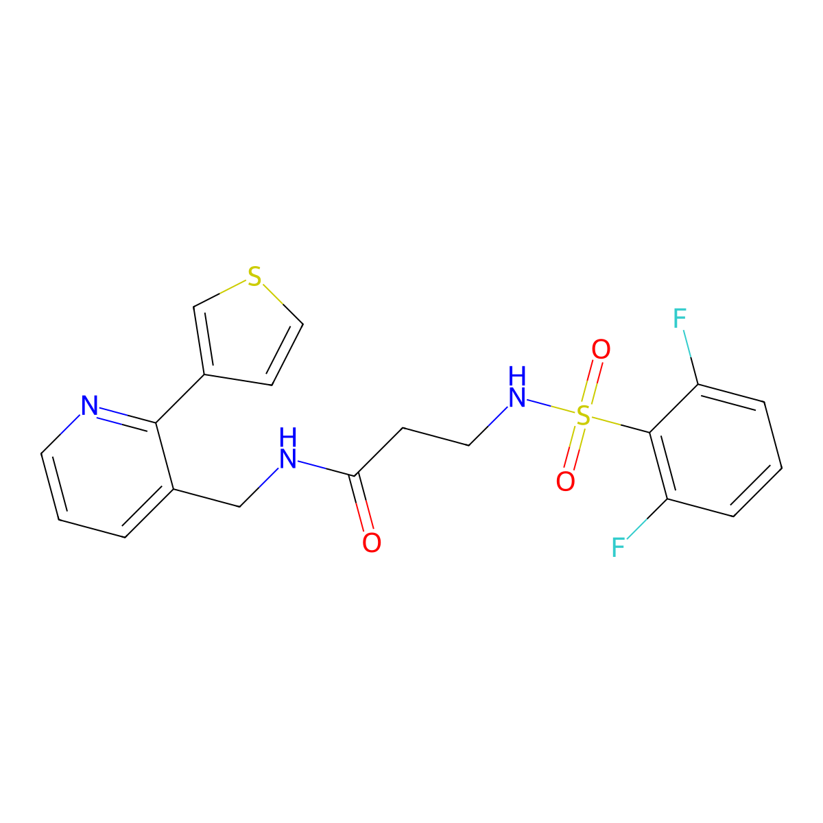 3-(2,6-difluorophenylsulfonamido)-N-((2-(thiophen-3-yl)pyridin-3-yl)methyl)propanamide molecular structure, CAS 2034594-81-3