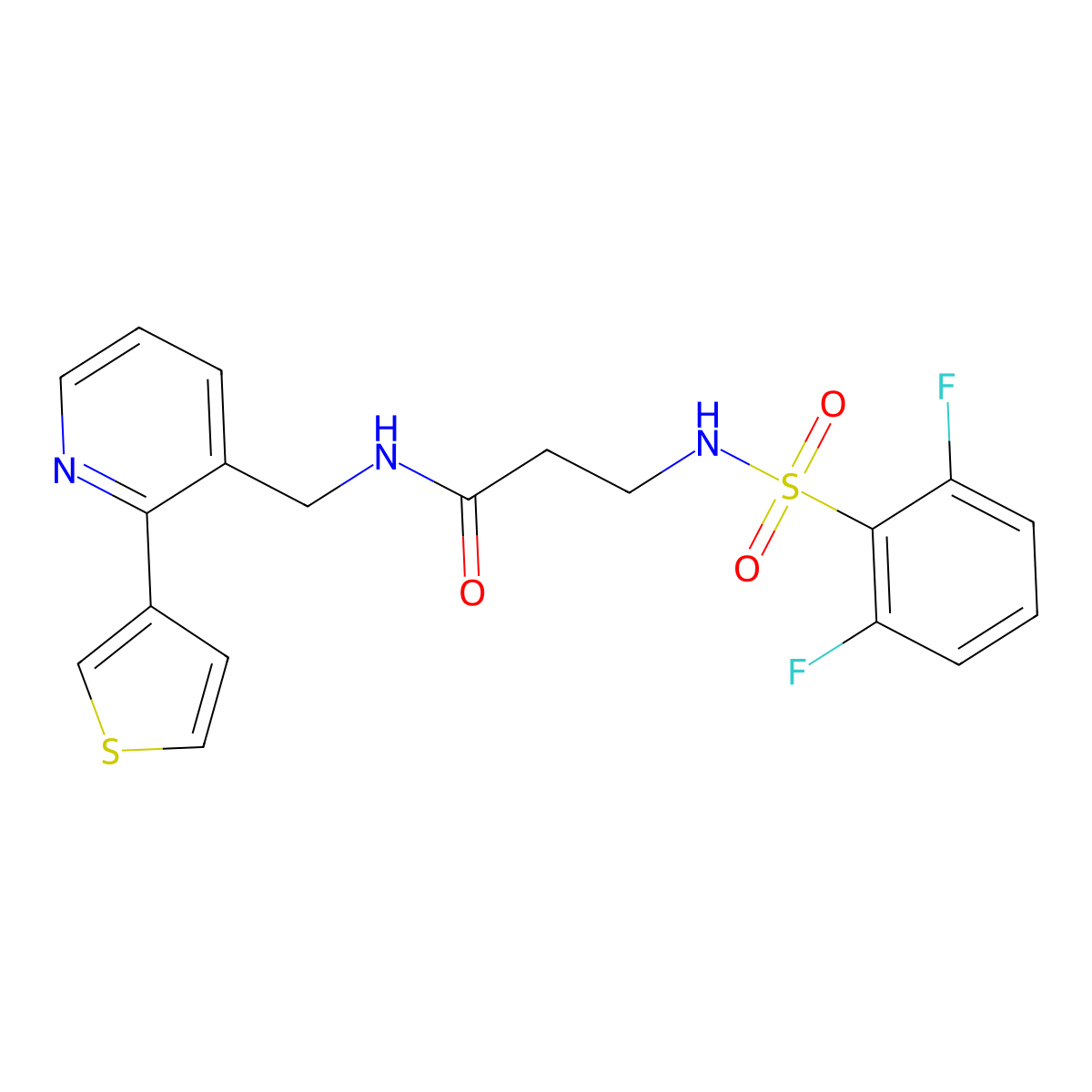 3-(2,6-difluorophenylsulfonamido)-N-((2-(thiophen-3-yl)pyridin-3-yl)methyl)propanamide molecular structure, CAS 2034594-81-3