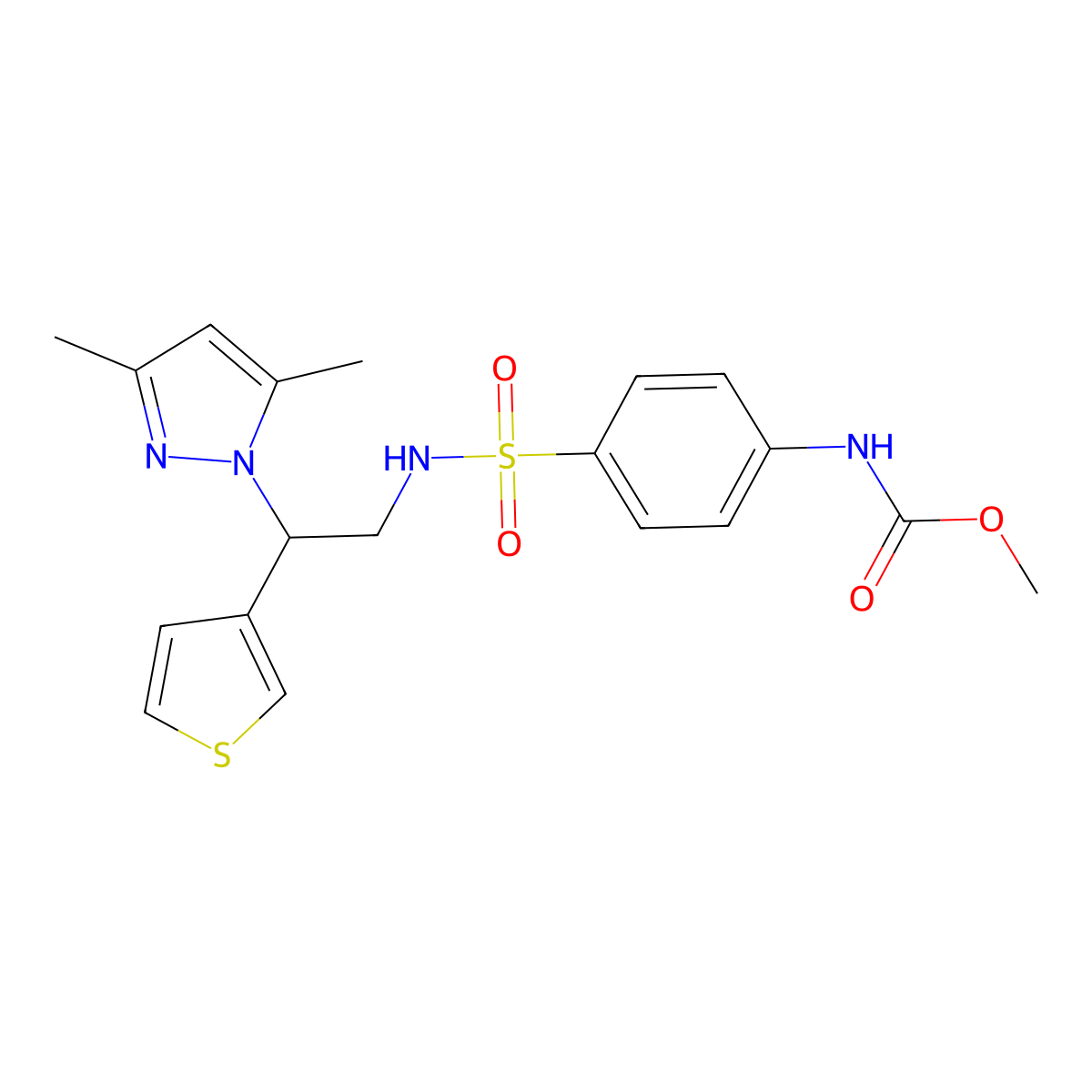 methyl (4-(N-(2-(3,5-dimethyl-1H-pyrazol-1-yl)-2-(thiophen-3-yl)ethyl)sulfamoyl)phenyl)carbamate molecular structure, CAS 2034594-87-9