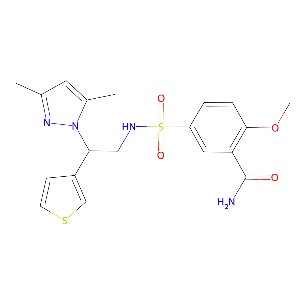 5-(N-(2-(3,5-dimethyl-1H-pyrazol-1-yl)-2-(thiophen-3-yl)ethyl)sulfamoyl)-2-methoxybenzamide molecular structure, CAS 2034594-93-7