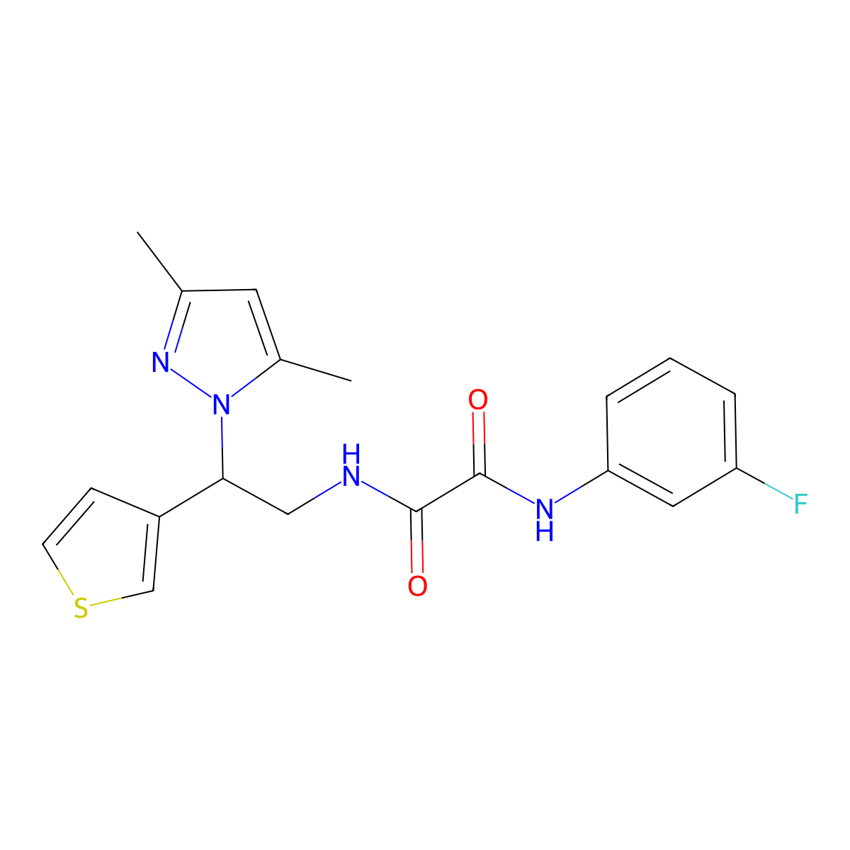 N1-(2-(3,5-dimethyl-1H-pyrazol-1-yl)-2-(thiophen-3-yl)ethyl)-N2-(3-fluorophenyl)oxalamide molecular structure, CAS 2034595-00-9