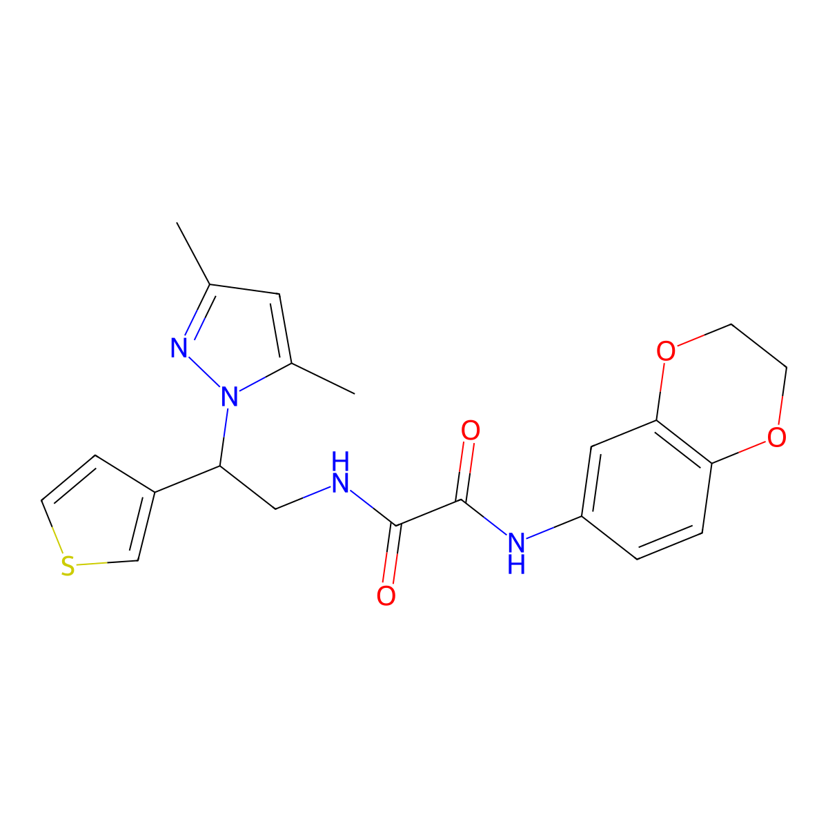 N1-(2,3-dihydrobenzo[b][1,4]dioxin-6-yl)-N2-(2-(3,5-dimethyl-1H-pyrazol-1-yl)-2-(thiophen-3-yl)ethyl)oxalamide molecular structure, CAS 2034595-11-2