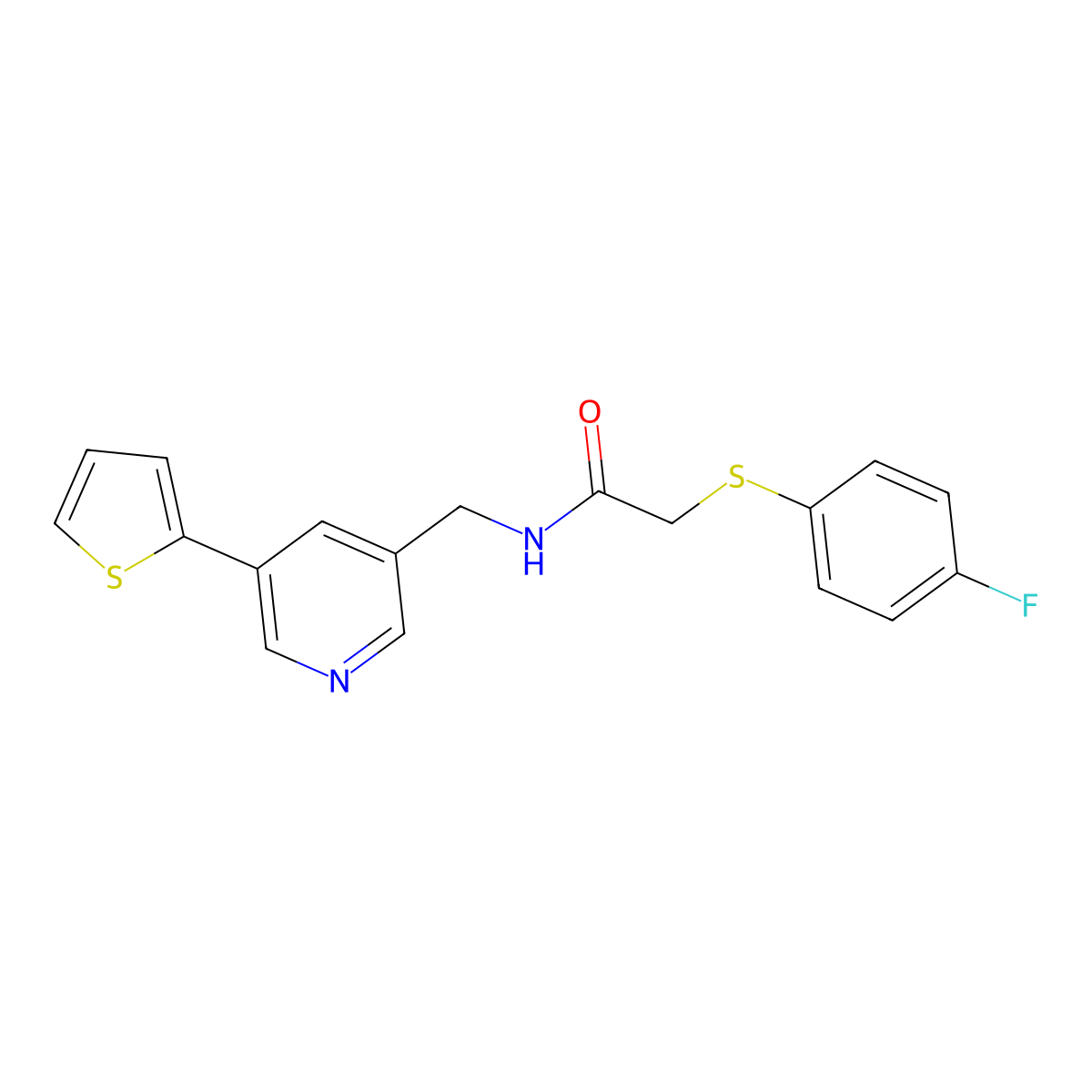 2-((4-fluorophenyl)thio)-N-((5-(thiophen-2-yl)pyridin-3-yl)methyl)acetamide molecular structure, CAS 2034595-23-6