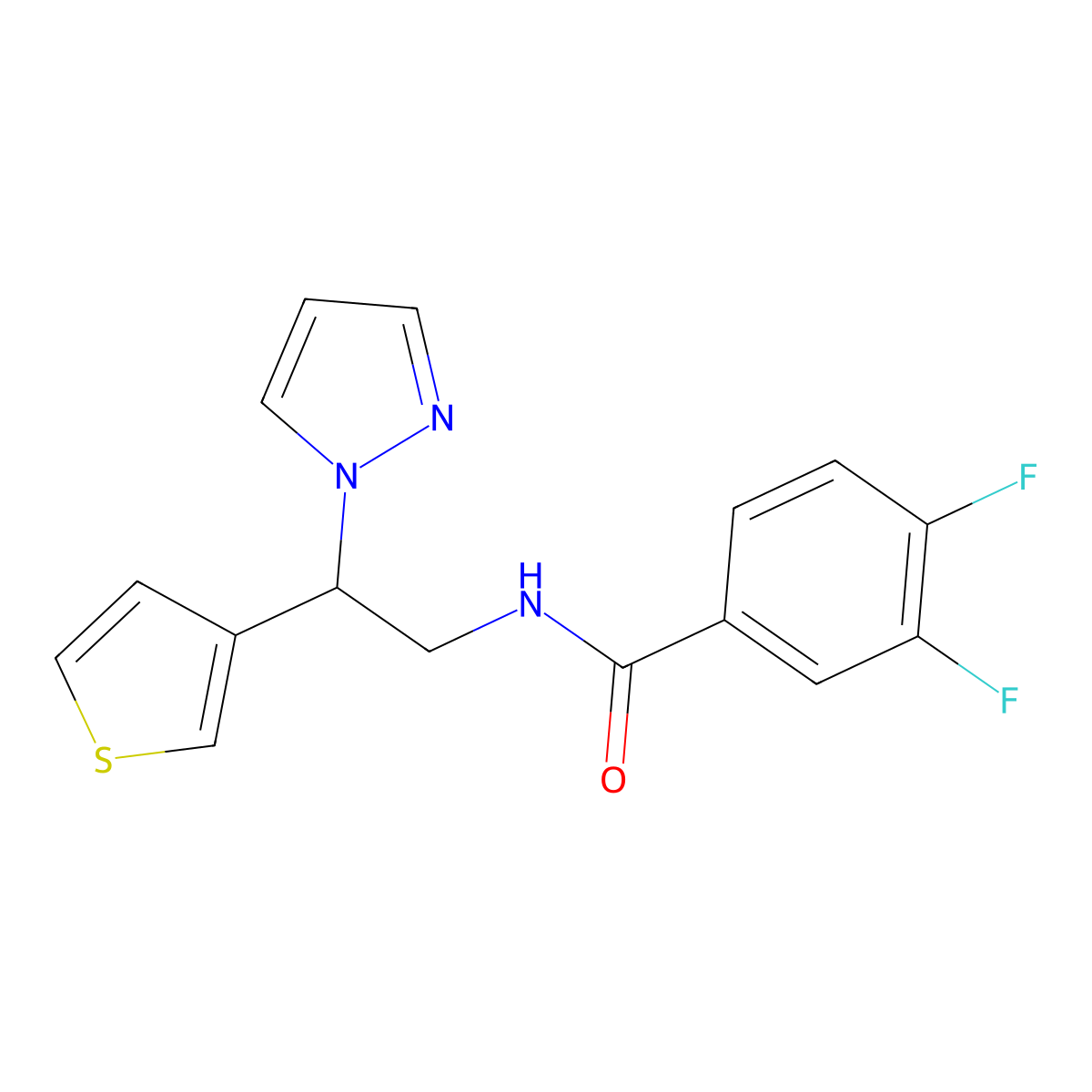 N-(2-(1H-pyrazol-1-yl)-2-(thiophen-3-yl)ethyl)-3,4-difluorobenzamide molecular structure, CAS 2034595-39-4
