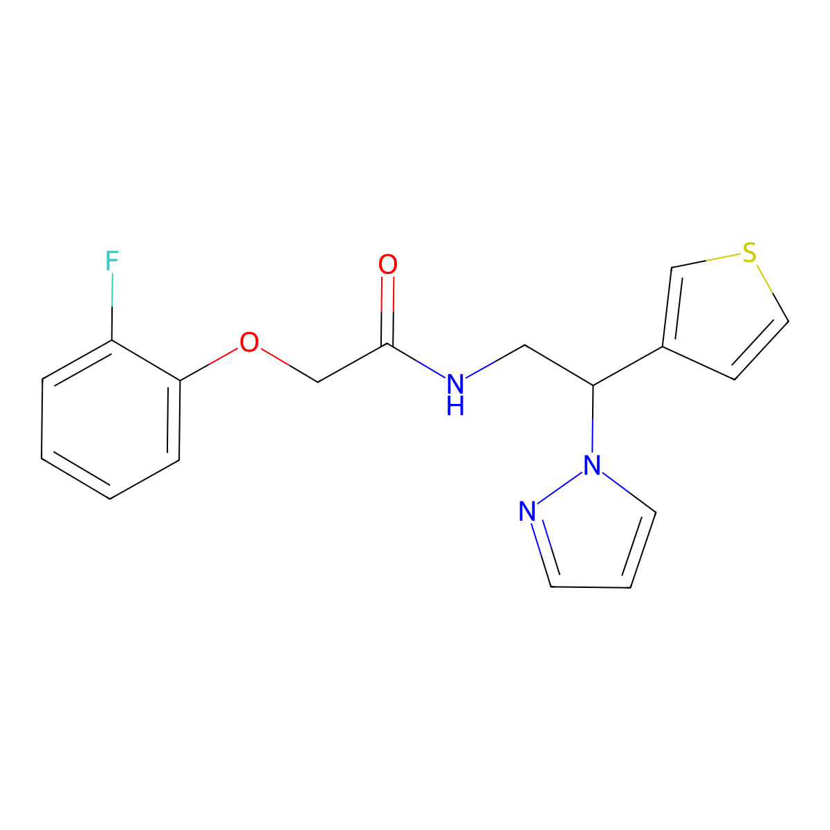 N-(2-(1H-pyrazol-1-yl)-2-(thiophen-3-yl)ethyl)-2-(2-fluorophenoxy)acetamide molecular structure, CAS 2034595-63-4