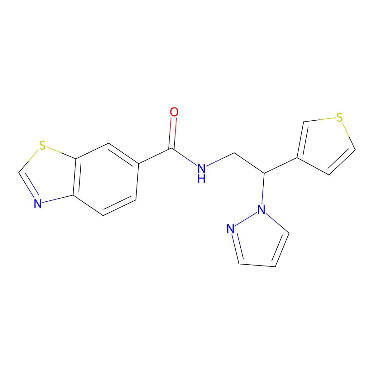 N-(2-(1H-pyrazol-1-yl)-2-(thiophen-3-yl)ethyl)benzo[d]thiazole-6-carboxamide molecular structure, CAS 2034595-69-0