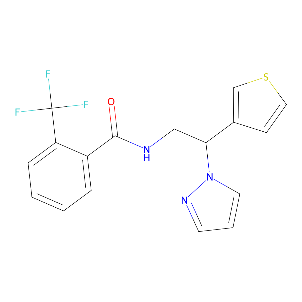 N-(2-(1H-pyrazol-1-yl)-2-(thiophen-3-yl)ethyl)-2-(trifluoromethyl)benzamide molecular structure, CAS 2034595-80-5