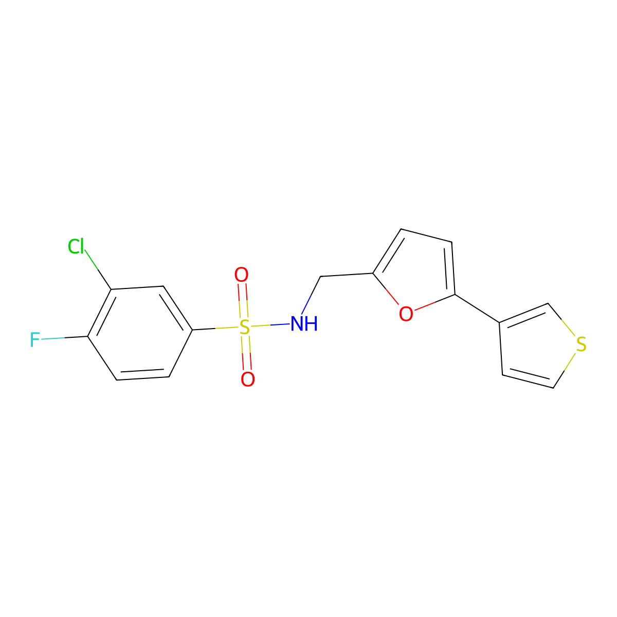 3-chloro-4-fluoro-N-((5-(thiophen-3-yl)furan-2-yl)methyl)benzenesulfonamide molecular structure, CAS 2034595-94-1