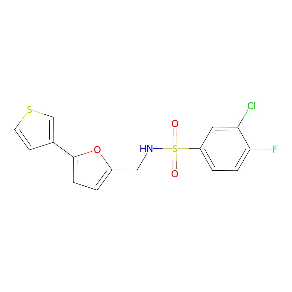 3-chloro-4-fluoro-N-((5-(thiophen-3-yl)furan-2-yl)methyl)benzenesulfonamide molecular structure, CAS 2034595-94-1
