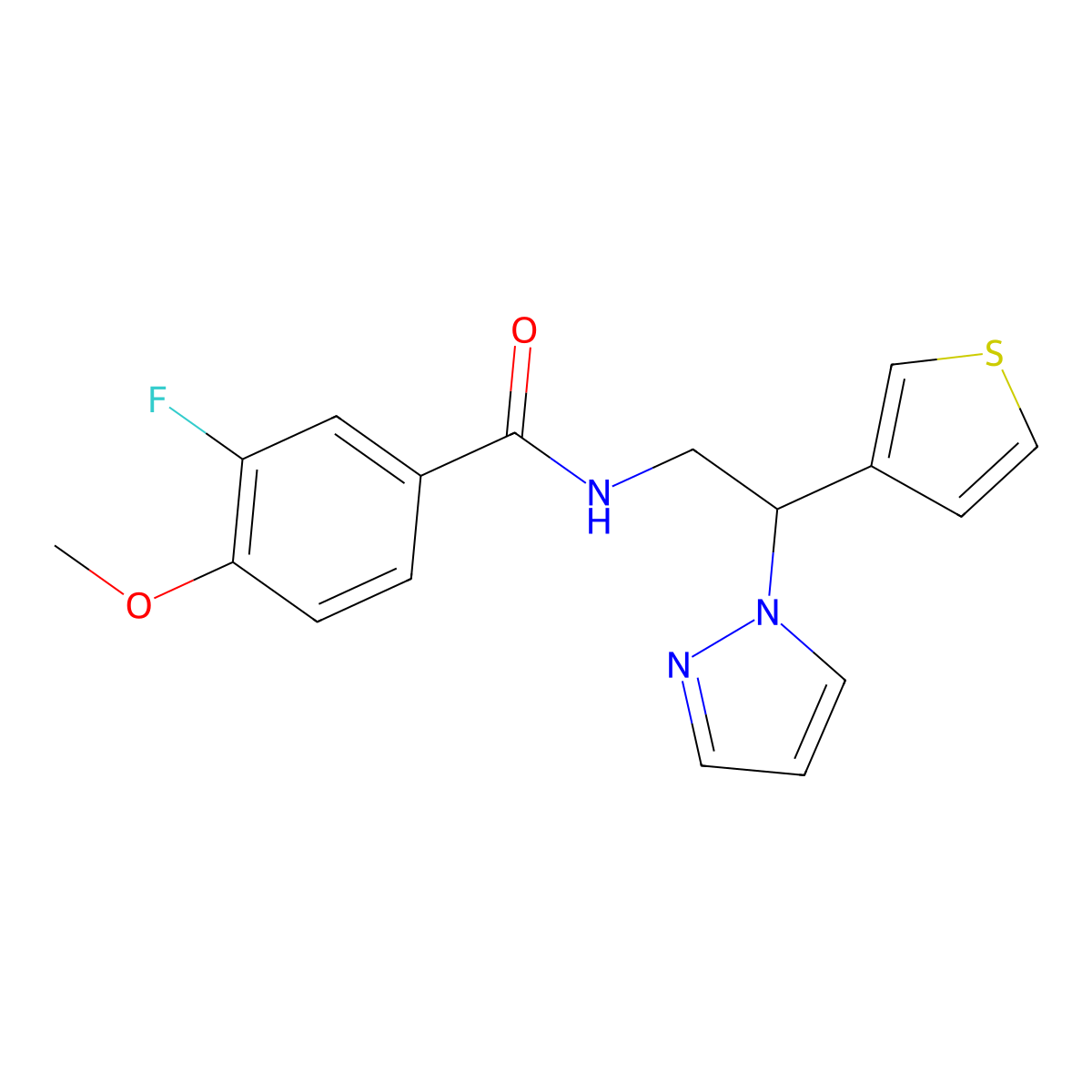 N-(2-(1H-pyrazol-1-yl)-2-(thiophen-3-yl)ethyl)-3-fluoro-4-methoxybenzamide molecular structure, CAS 2034596-03-5
