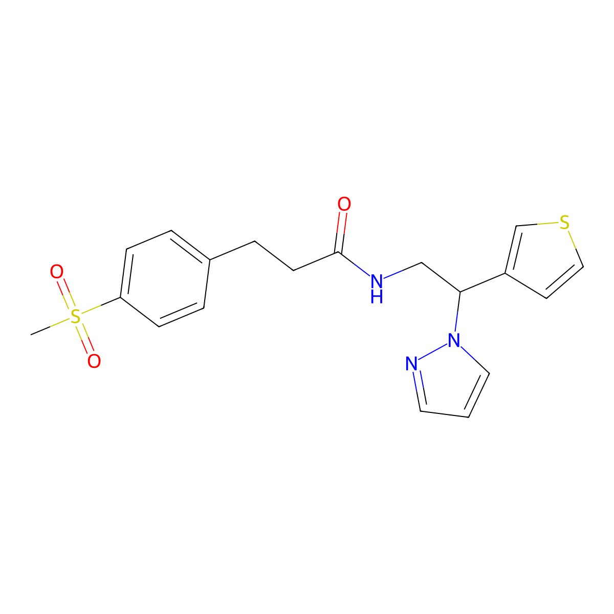 N-(2-(1H-pyrazol-1-yl)-2-(thiophen-3-yl)ethyl)-3-(4-(methylsulfonyl)phenyl)propanamide molecular structure, CAS 2034596-09-1