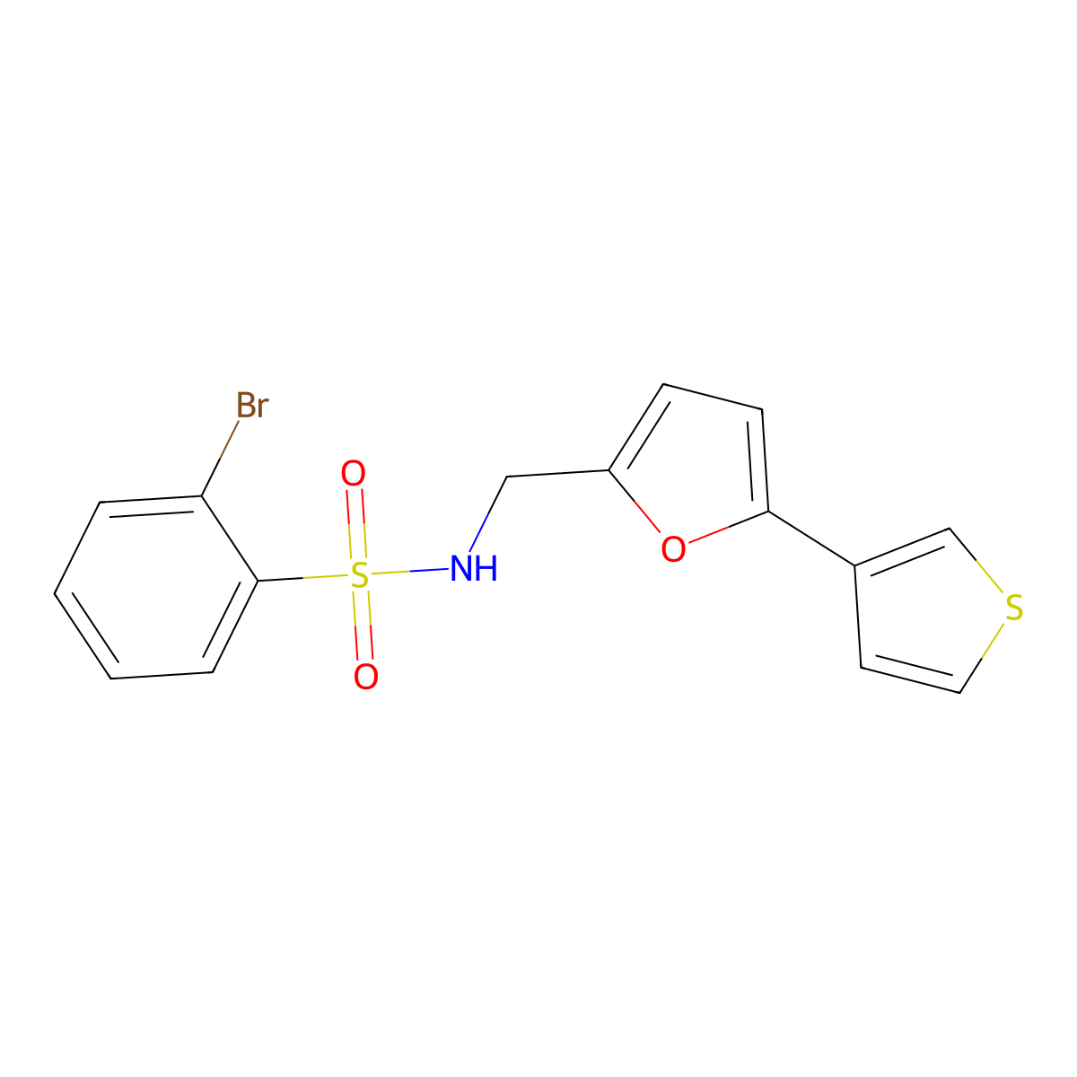 2-bromo-N-((5-(thiophen-3-yl)furan-2-yl)methyl)benzenesulfonamide molecular structure, CAS 2034596-10-4