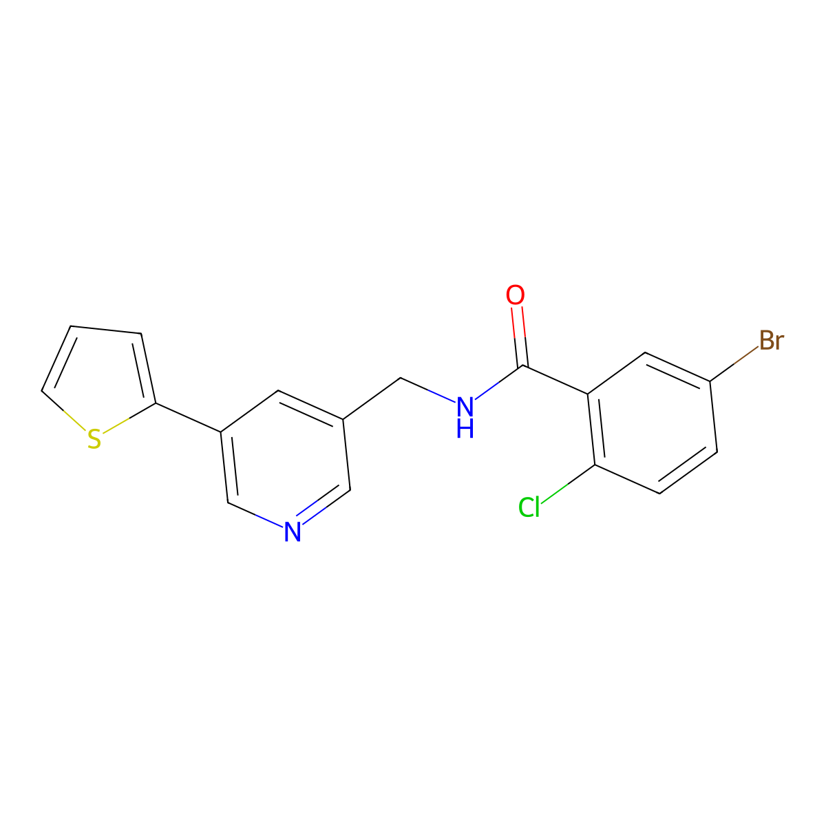 5-bromo-2-chloro-N-((5-(thiophen-2-yl)pyridin-3-yl)methyl)benzamide molecular structure, CAS 2034596-17-1