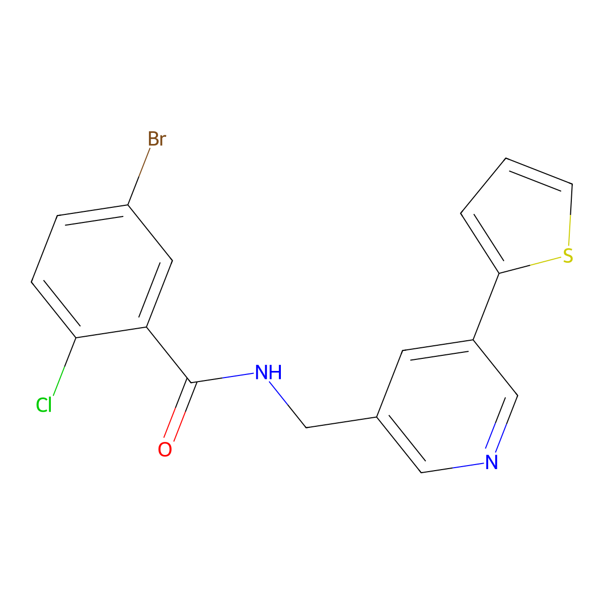 5-bromo-2-chloro-N-((5-(thiophen-2-yl)pyridin-3-yl)methyl)benzamide molecular structure, CAS 2034596-17-1