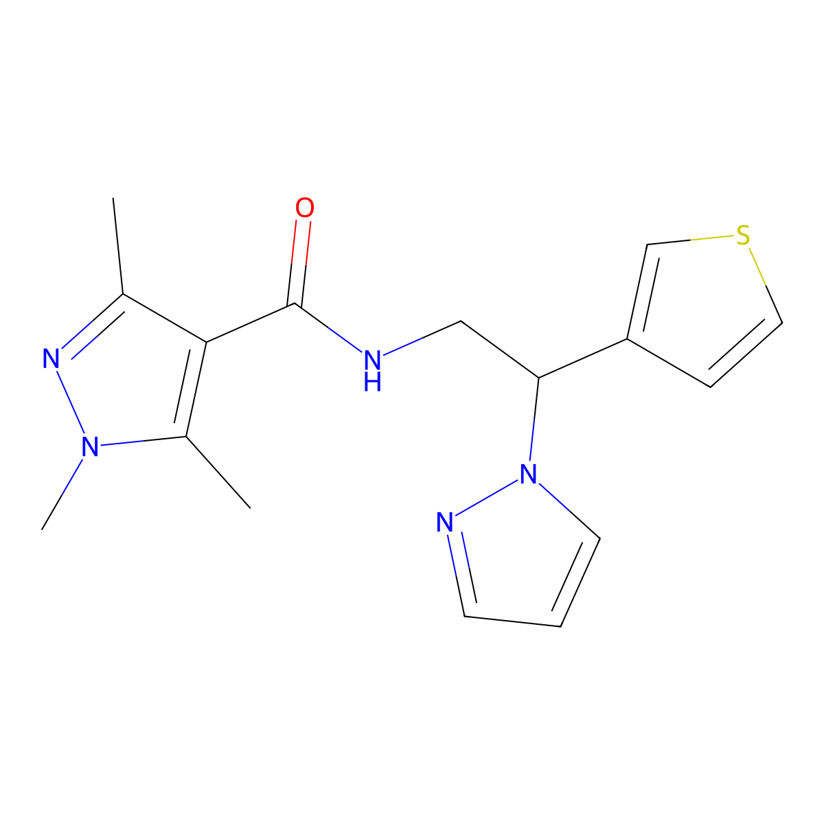 N-(2-(1H-pyrazol-1-yl)-2-(thiophen-3-yl)ethyl)-1,3,5-trimethyl-1H-pyrazole-4-carboxamide molecular structure, CAS 2034596-24-0