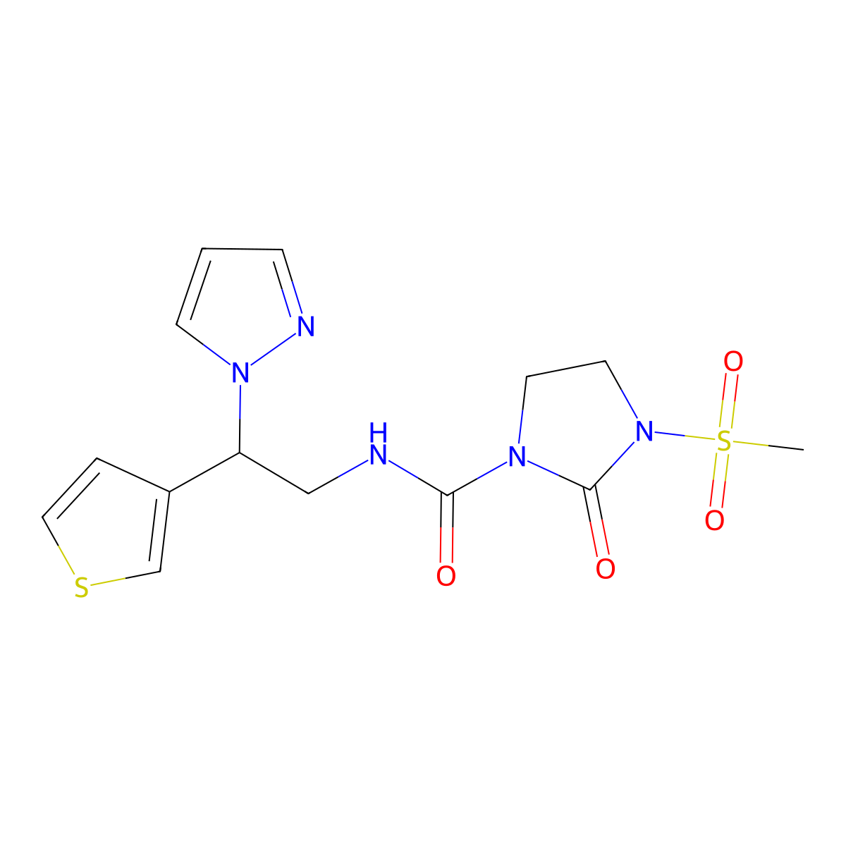 N-(2-(1H-pyrazol-1-yl)-2-(thiophen-3-yl)ethyl)-3-(methylsulfonyl)-2-oxoimidazolidine-1-carboxamide molecular structure, CAS 2034596-32-0