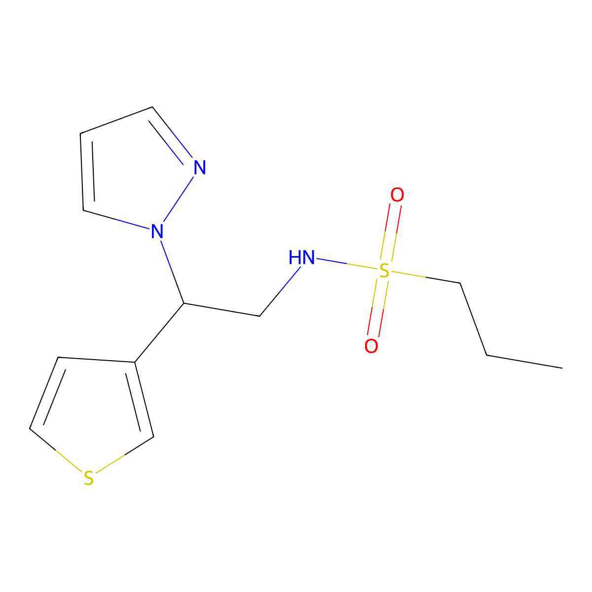 N-(2-(1H-pyrazol-1-yl)-2-(thiophen-3-yl)ethyl)propane-1-sulfonamide molecular structure, CAS 2034596-39-7