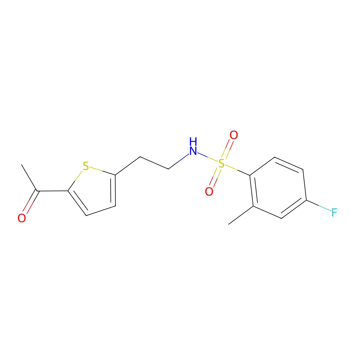 N-(2-(5-acetylthiophen-2-yl)ethyl)-4-fluoro-2-methylbenzenesulfonamide molecular structure, CAS 2034596-43-3