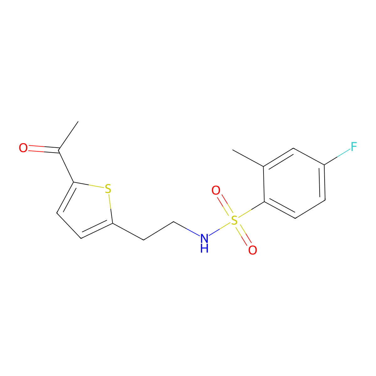N-(2-(5-acetylthiophen-2-yl)ethyl)-4-fluoro-2-methylbenzenesulfonamide molecular structure, CAS 2034596-43-3