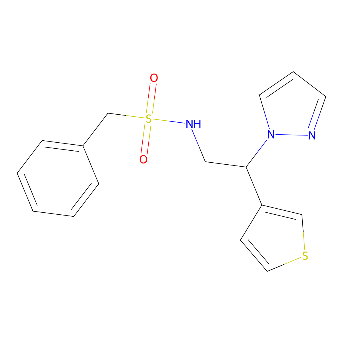 N-(2-(1H-pyrazol-1-yl)-2-(thiophen-3-yl)ethyl)-1-phenylmethanesulfonamide molecular structure, CAS 2034596-46-6