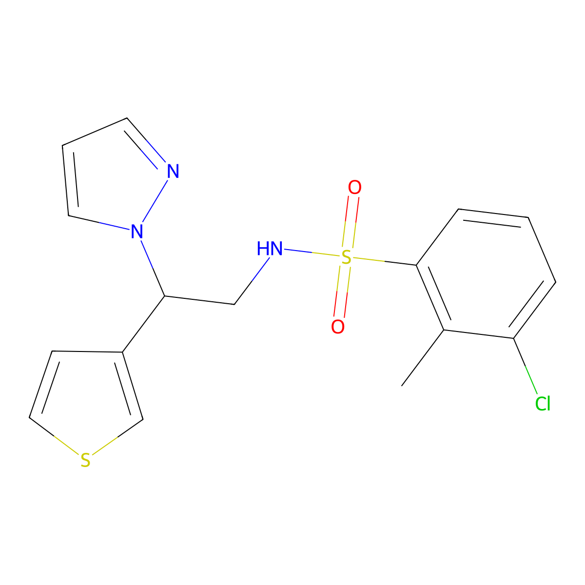 N-(2-(1H-pyrazol-1-yl)-2-(thiophen-3-yl)ethyl)-3-chloro-2-methylbenzenesulfonamide molecular structure, CAS 2034596-57-9