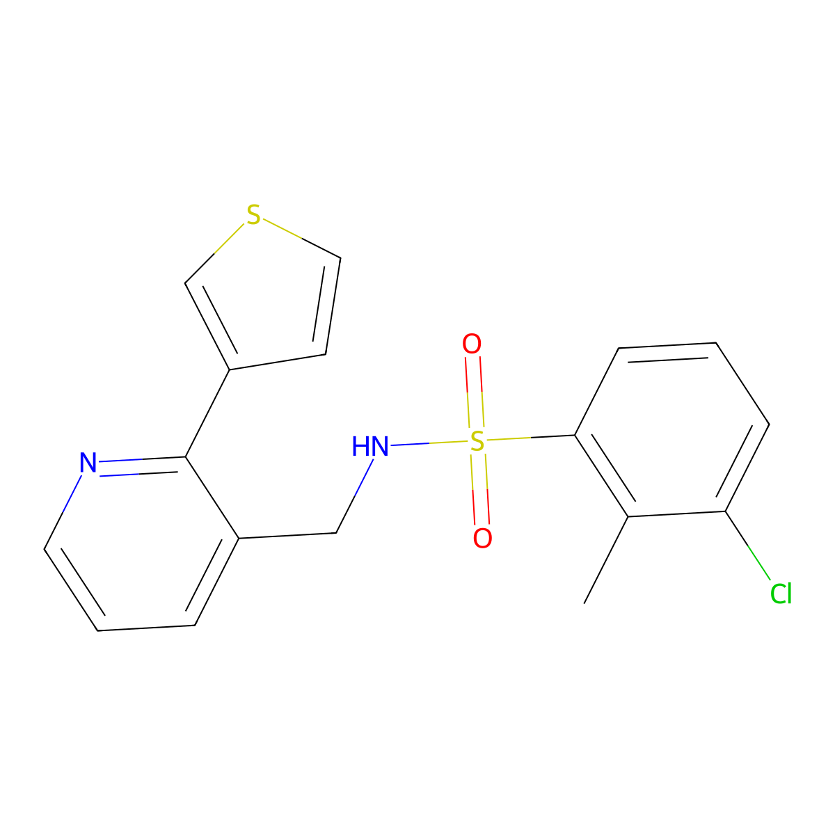 3-chloro-2-methyl-N-((2-(thiophen-3-yl)pyridin-3-yl)methyl)benzenesulfonamide molecular structure, CAS 2034596-64-8