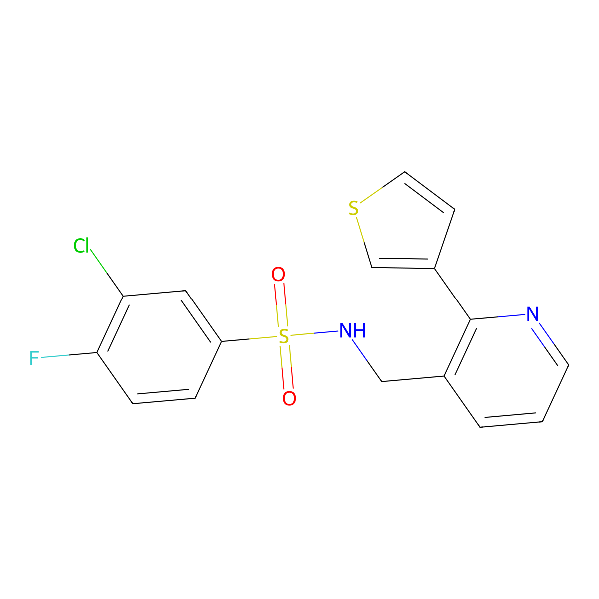 3-chloro-4-fluoro-N-((2-(thiophen-3-yl)pyridin-3-yl)methyl)benzenesulfonamide molecular structure, CAS 2034596-74-0