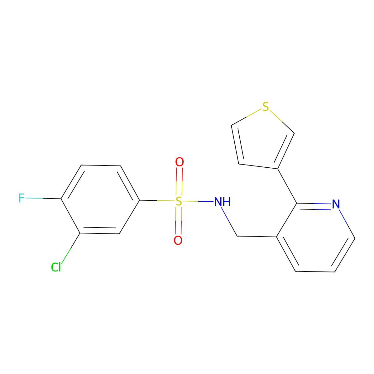3-chloro-4-fluoro-N-((2-(thiophen-3-yl)pyridin-3-yl)methyl)benzenesulfonamide molecular structure, CAS 2034596-74-0