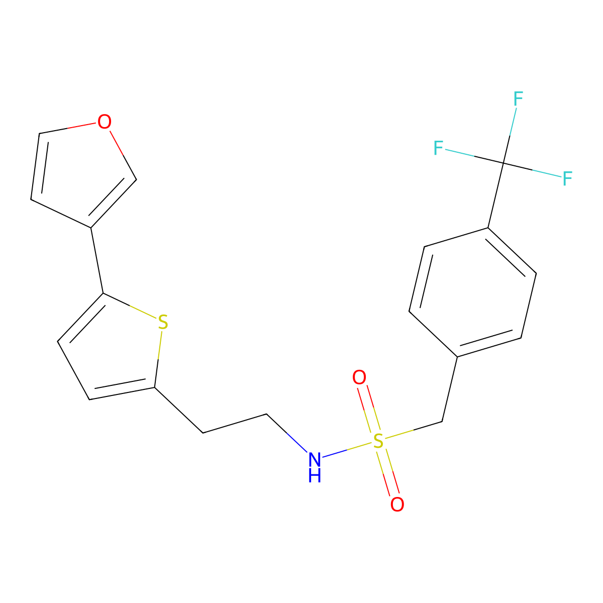 N-(2-(5-(furan-3-yl)thiophen-2-yl)ethyl)-1-(4-(trifluoromethyl)phenyl)methanesulfonamide molecular structure, CAS 2034596-88-6