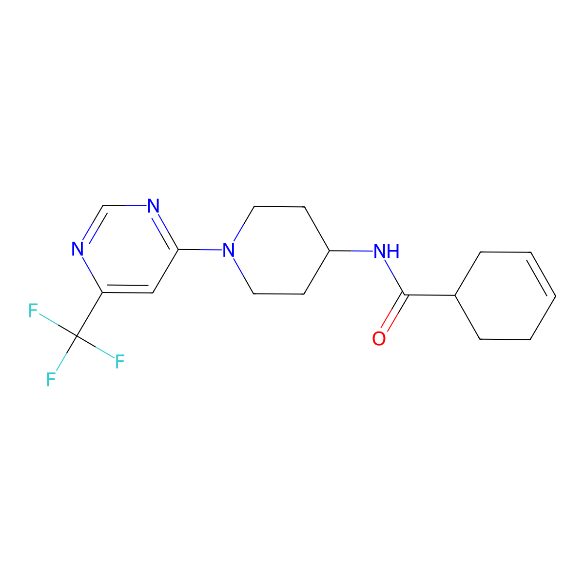 N-(1-(6-(trifluoromethyl)pyrimidin-4-yl)piperidin-4-yl)cyclohex-3-enecarboxamide molecular structure, CAS 2034597-35-6