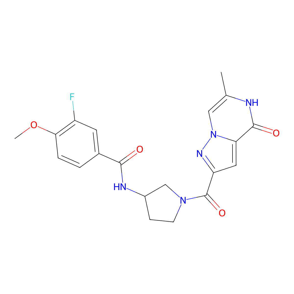 3-fluoro-4-methoxy-N-(1-(6-methyl-4-oxo-4,5-dihydropyrazolo[1,5-a]pyrazine-2-carbonyl)pyrrolidin-3-yl)benzamide molecular structure, CAS 2034597-46-9