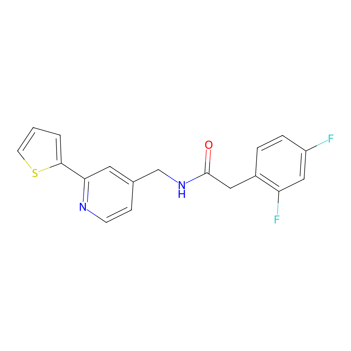 2-(2,4-difluorophenyl)-N-((2-(thiophen-2-yl)pyridin-4-yl)methyl)acetamide molecular structure, CAS 2034597-49-2