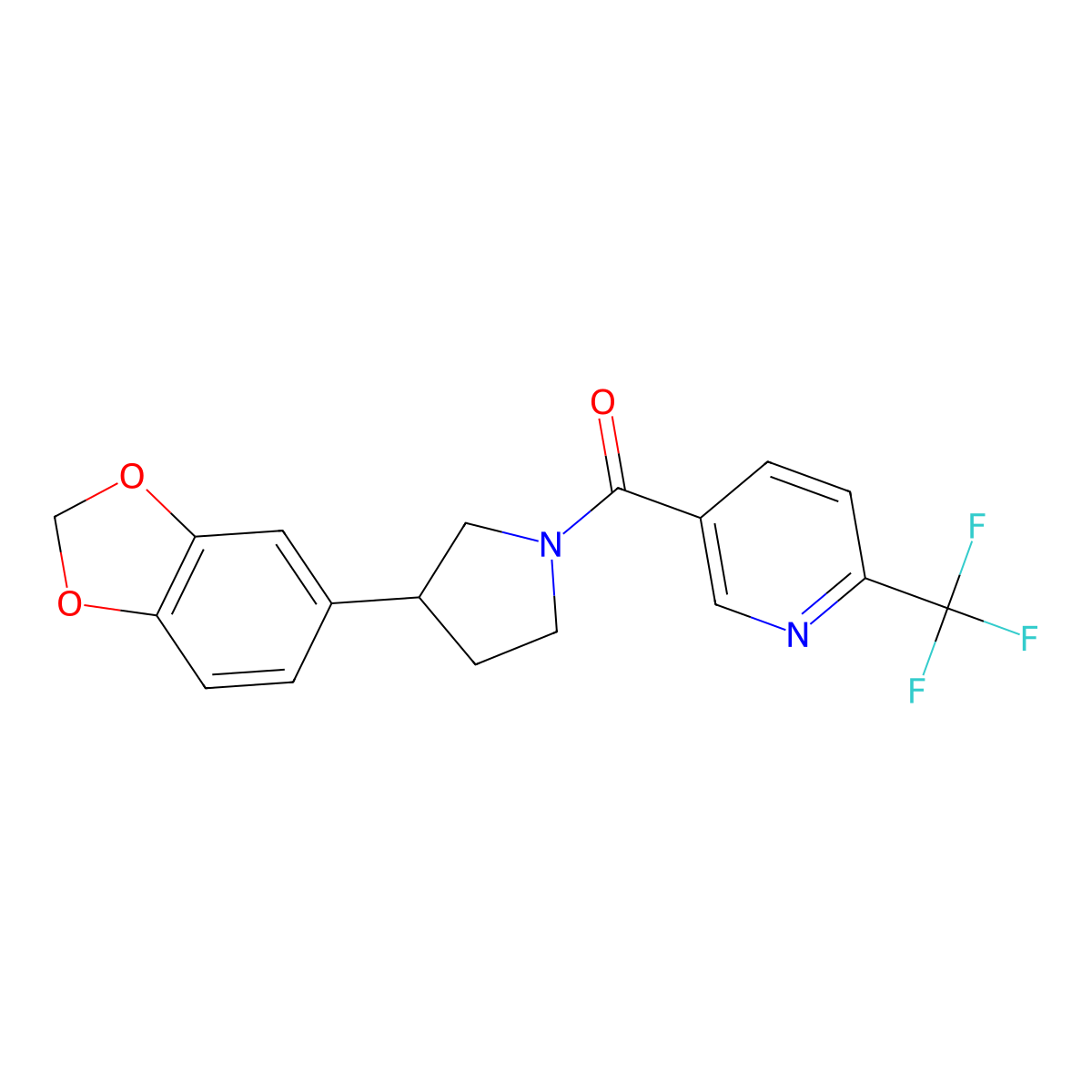 (3-(Benzo[d][1,3]dioxol-5-yl)pyrrolidin-1-yl)(6-(trifluoromethyl)pyridin-3-yl)methanone molecular structure, CAS 2034597-53-8