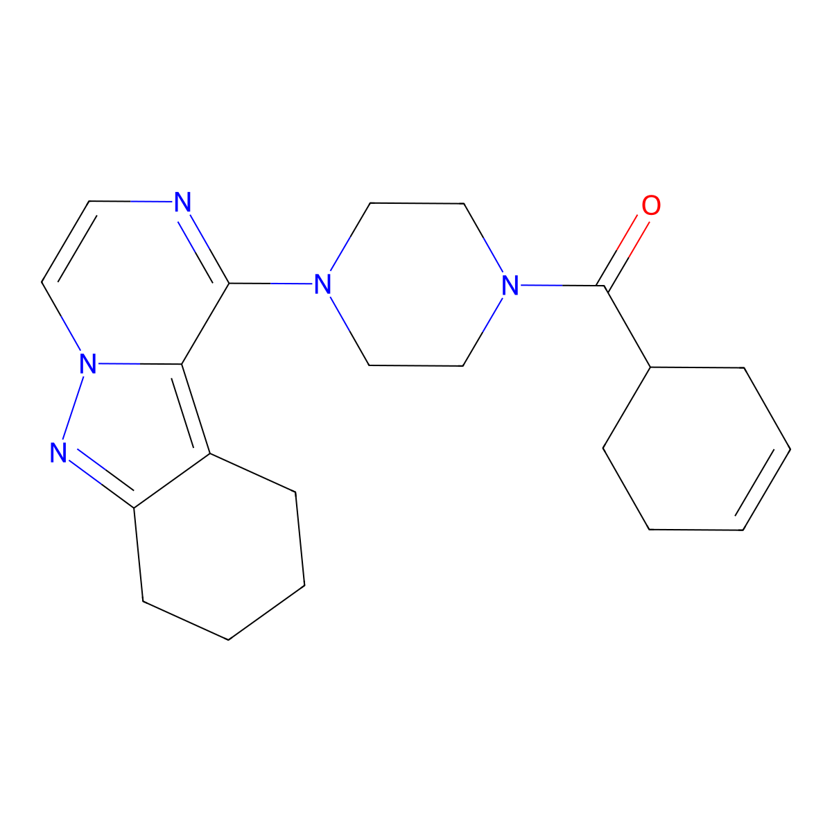 Cyclohex-3-en-1-yl(4-(7,8,9,10-tetrahydropyrazino[1,2-b]indazol-1-yl)piperazin-1-yl)methanone molecular structure, CAS 2034597-54-9