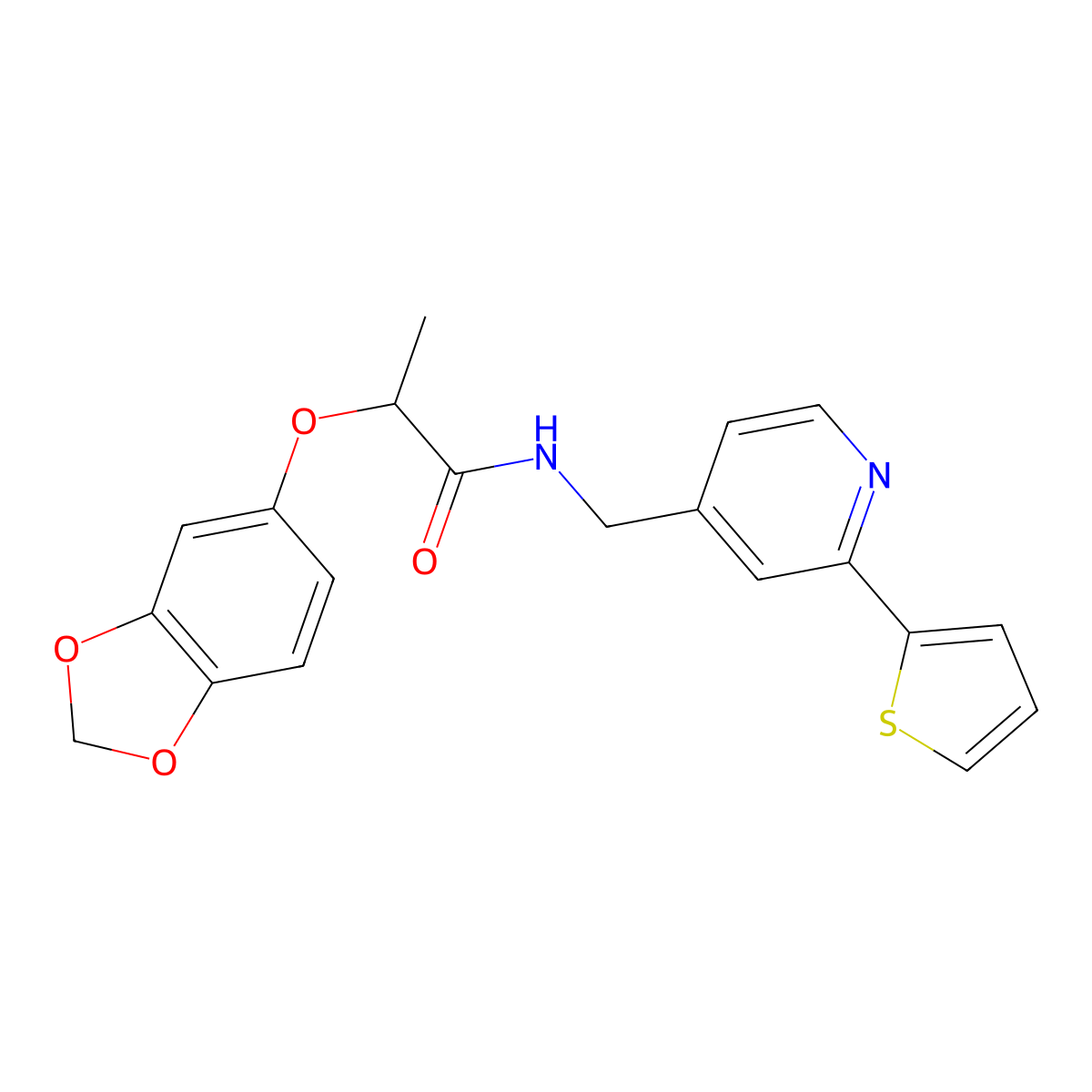 2-(benzo[d][1,3]dioxol-5-yloxy)-N-((2-(thiophen-2-yl)pyridin-4-yl)methyl)propanamide molecular structure, CAS 2034597-59-4