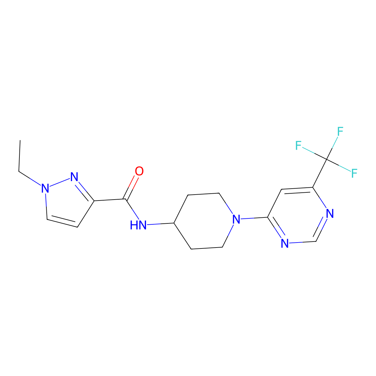 1-ethyl-N-{1-[6-(trifluoromethyl)pyrimidin-4-yl]piperidin-4-yl}-1H-pyrazole-3-carboxamide molecular structure, CAS 2034597-73-2