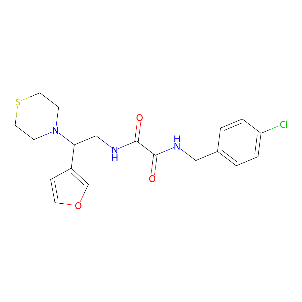 N1-(4-chlorobenzyl)-N2-(2-(furan-3-yl)-2-thiomorpholinoethyl)oxalamide molecular structure, CAS 2034597-84-5