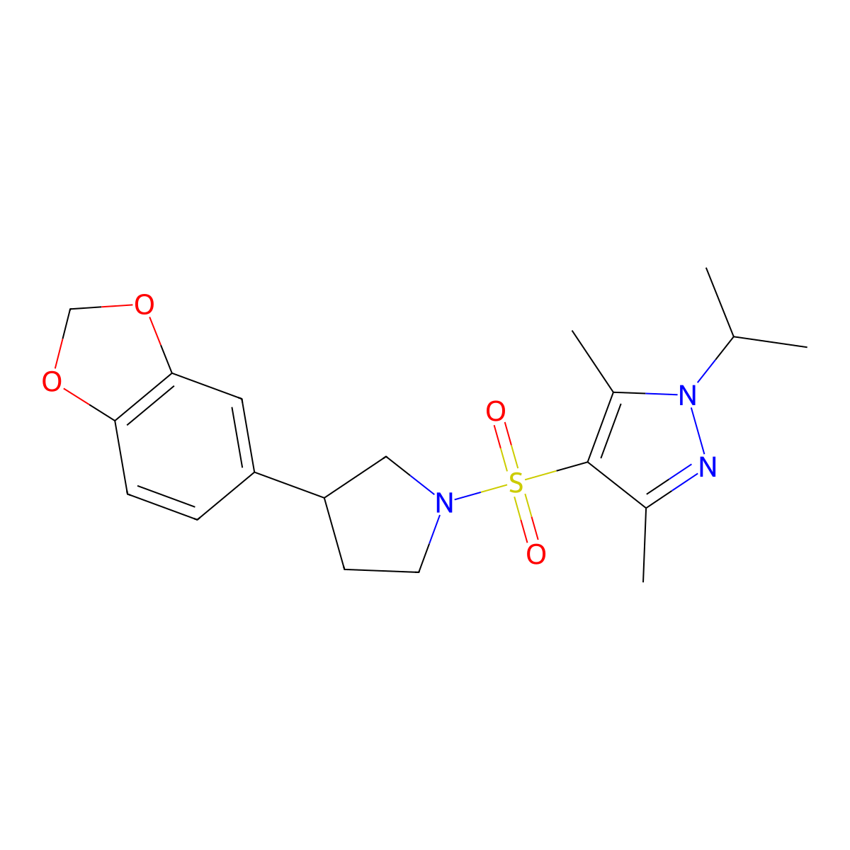 4-((3-(benzo[d][1,3]dioxol-5-yl)pyrrolidin-1-yl)sulfonyl)-1-isopropyl-3,5-dimethyl-1H-pyrazole molecular structure, CAS 2034597-94-7
