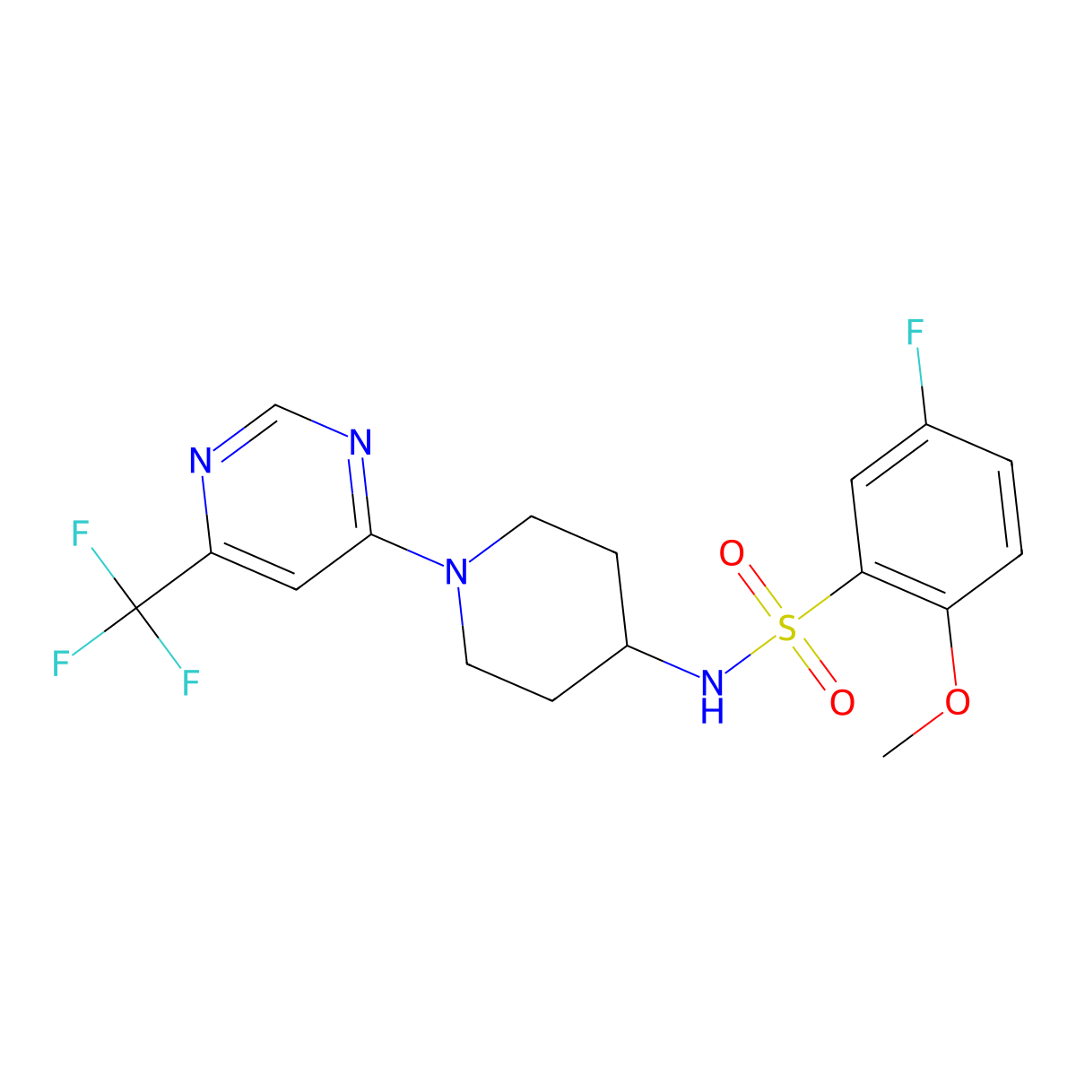 5-fluoro-2-methoxy-N-(1-(6-(trifluoromethyl)pyrimidin-4-yl)piperidin-4-yl)benzenesulfonamide molecular structure, CAS 2034598-01-9